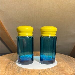 Vintage Aqua Blue Glass Salt and Pepper Shakers with Yellow Metal Lids